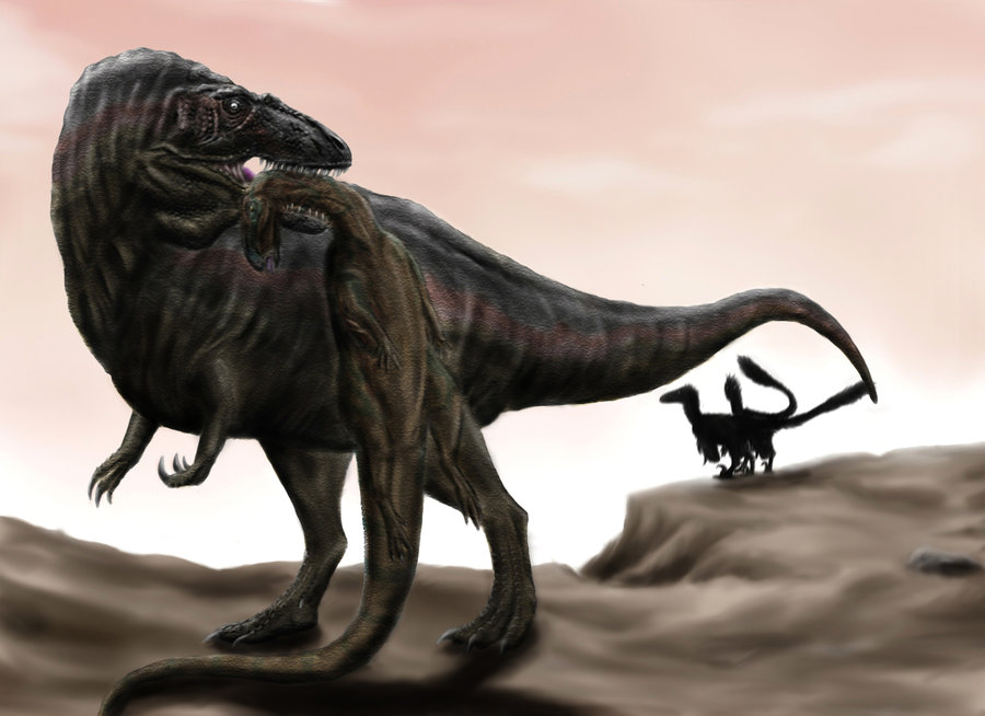 Illustration of the carcharodontosaurid Acrocanthosaurus atokensis dragging a dead Tenontosaurus away from a pair of Deinonychus, and other possibly scavengers.