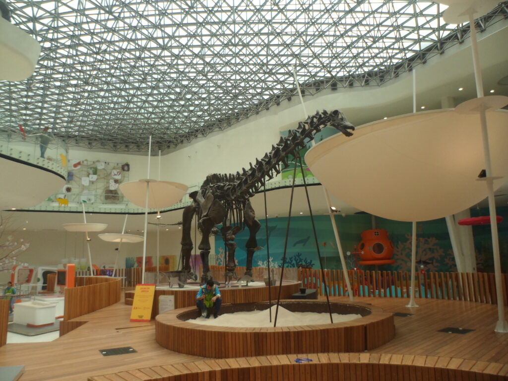 A large dinosaur skeleton display in a modern museum with a high, lattice-patterned ceiling. The setting is bright and spacious, with educational exhibits.