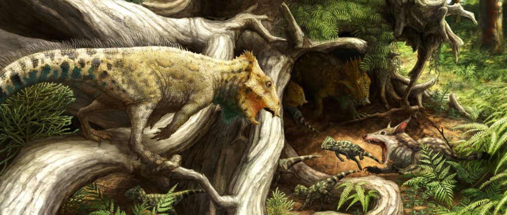 Dinosaur with spotted skin defends nest from predatory mammal in a lush prehistoric forest. The scene is tense, showcasing survival instincts.