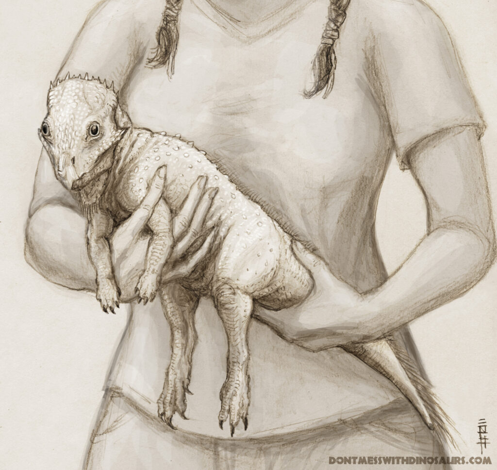 A sketch depicts a person with two braids holding a baby dinosaur securely in their arms. The dinosaur appears content and at ease. The tone is gentle and nurturing.