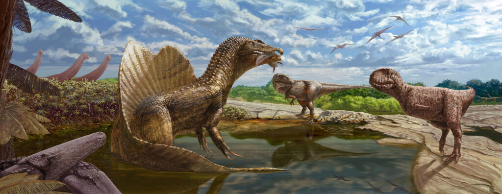 A prehistoric scene with dinosaurs at a waterhole.