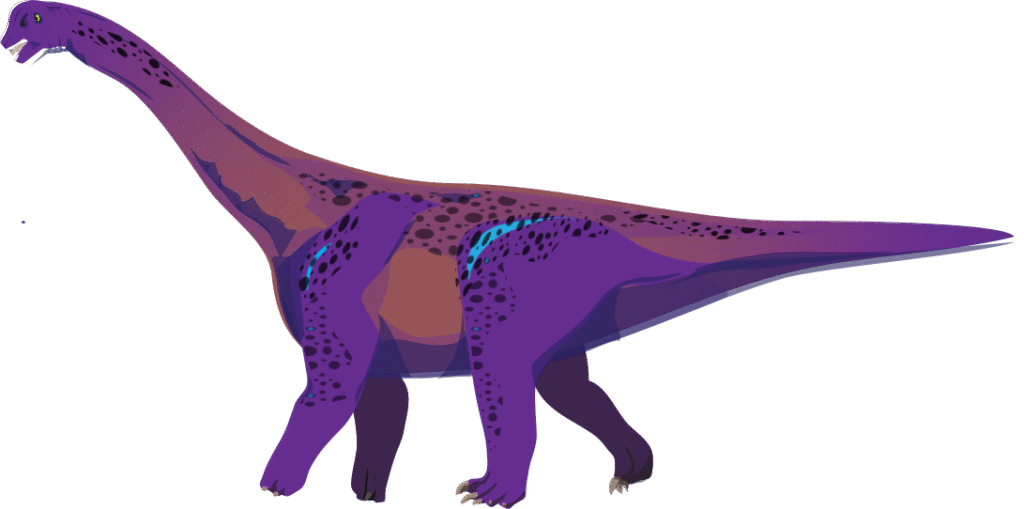 Illustration of a tall, purple dinosaur with a long neck and tail. The body is decorated with black spots and blue accents, conveying a vibrant and whimsical tone.