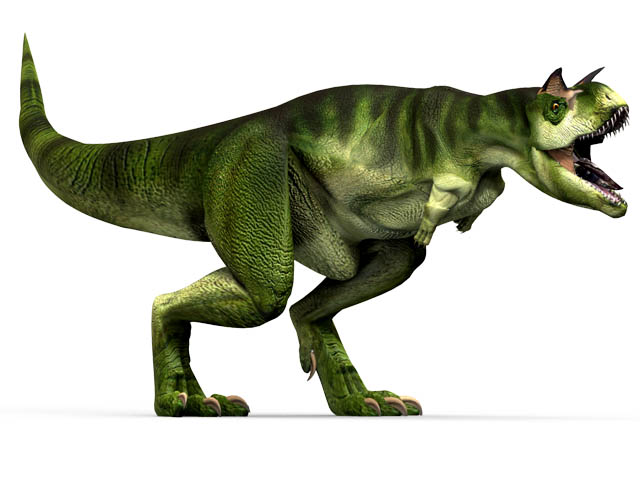 A green, realistic Carnotaurus stands with its mouth open and sharp teeth visible, conveying a fierce, dynamic presence on a plain white background.