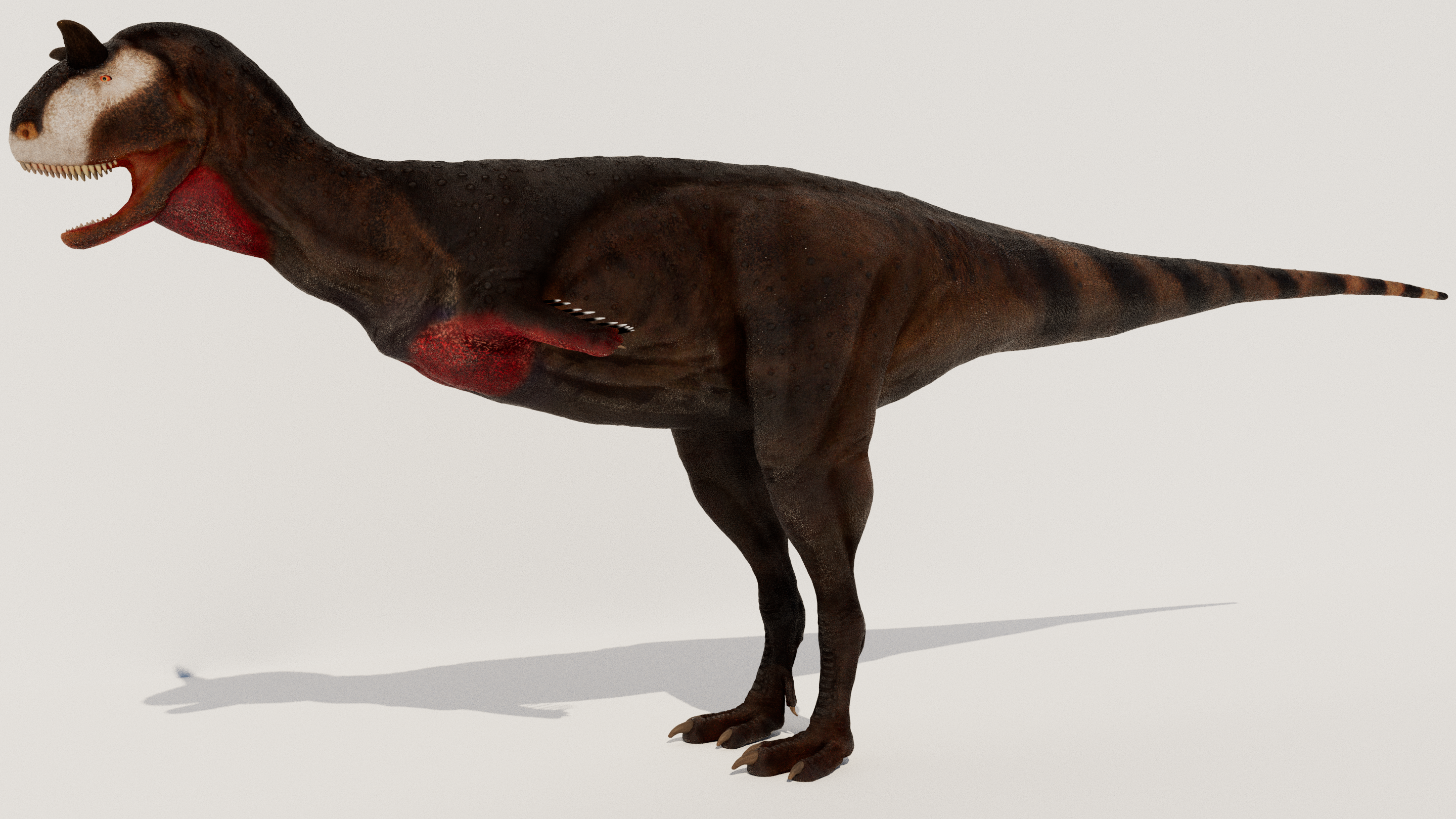 A realistic brown dinosaur stands with its mouth open, showcasing sharp teeth. It has a horn on its head and a long striped tail, set against a plain background.