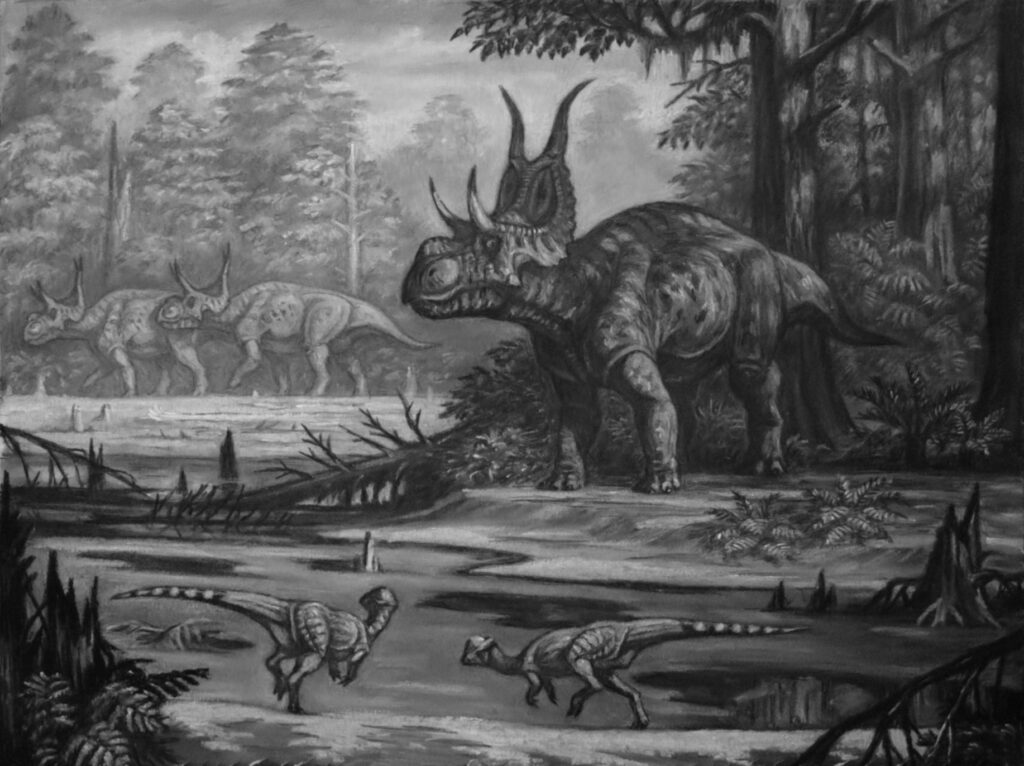 Black-and-white illustration of a prehistoric forest scene with horned dinosaurs and small bipedal creatures near a water basin, exuding a tranquil, ancient ambiance.