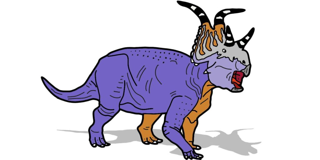 Illustration of a purple dinosaur with a detailed, horned orange frill and a fierce expression. The dinosaur casts a shadow on the white background.