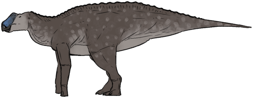 Illustration of a brown dinosaur with gray spots, a blue snout, and a textured, ridged back. It stands on four legs, conveying a calm demeanor.