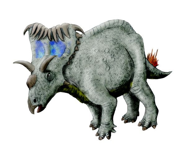 Illustration of a grey dinosaur resembling a Triceratops, with three horns and a large frill featuring blue markings. The creature appears powerful and alert.