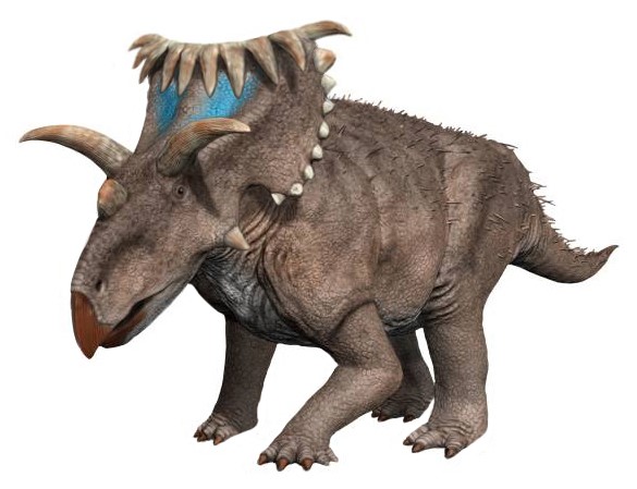 Illustration of a Kosmoceratops, a horned dinosaur with a blue patterned frill and rough, textured brown skin. The creature appears strong and majestic.