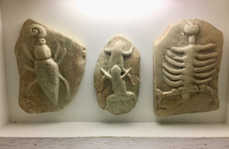 Three stone carvings under bright light depict abstract animal figures. The left shows an insect, the center features two lizards, and the right displays a ribcage design.