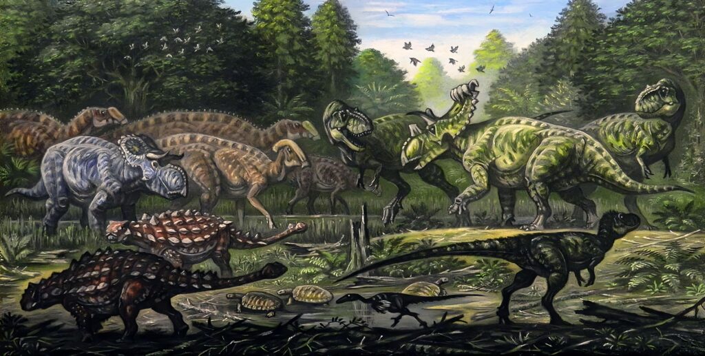 A lively prehistoric scene with diverse dinosaurs in a lush forest. Dinosaurs of different species roam, with a clear blue sky and flying birds above.