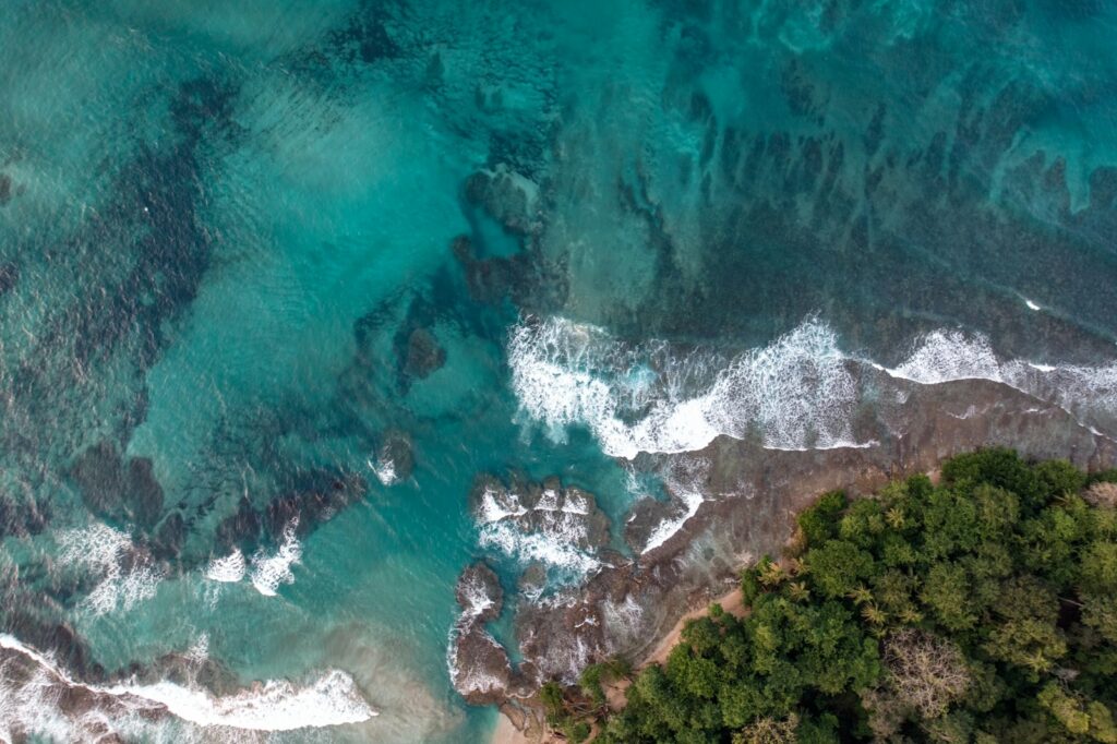 An aerial view of the ocean and land