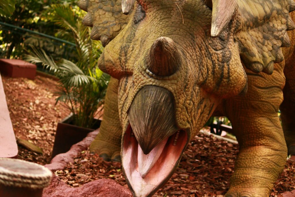A close up of a dinosaur with its mouth open