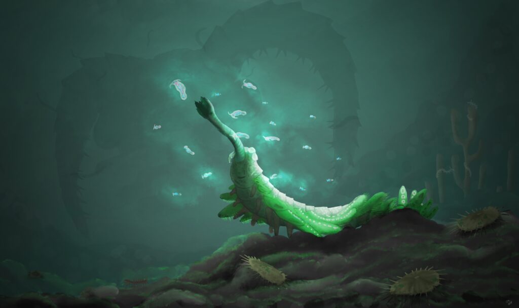 A digital reconstruction of Opabinia from the Burgess Shale, showing its five eyes, flexible proboscis, and segmented body gliding along the ancient seafloor.