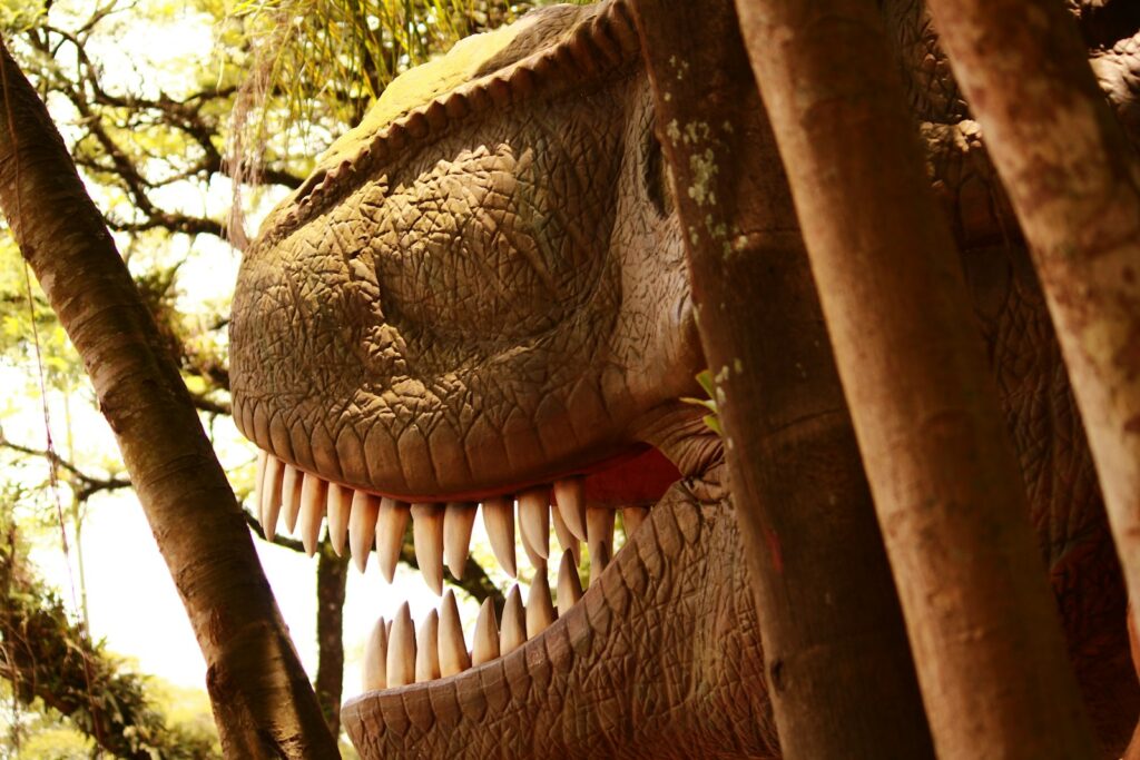 A close up of a dinosaur head in the woods