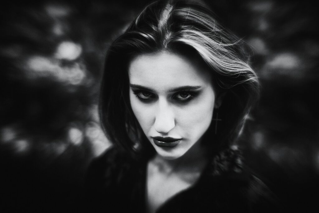 A black and white photo of a woman